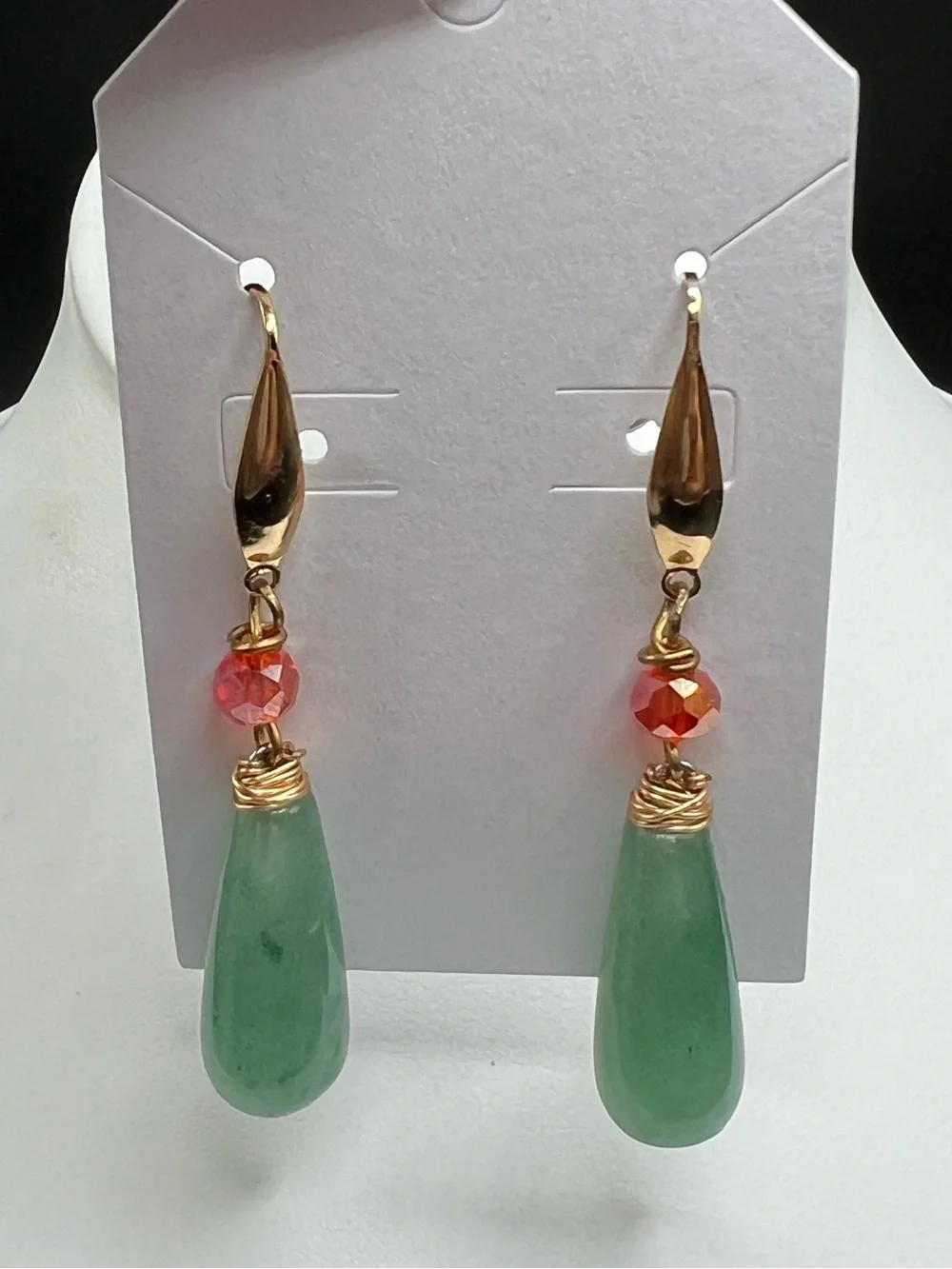 Aventurine Handmade Green Stone Teardrop Earrings Red Crystal